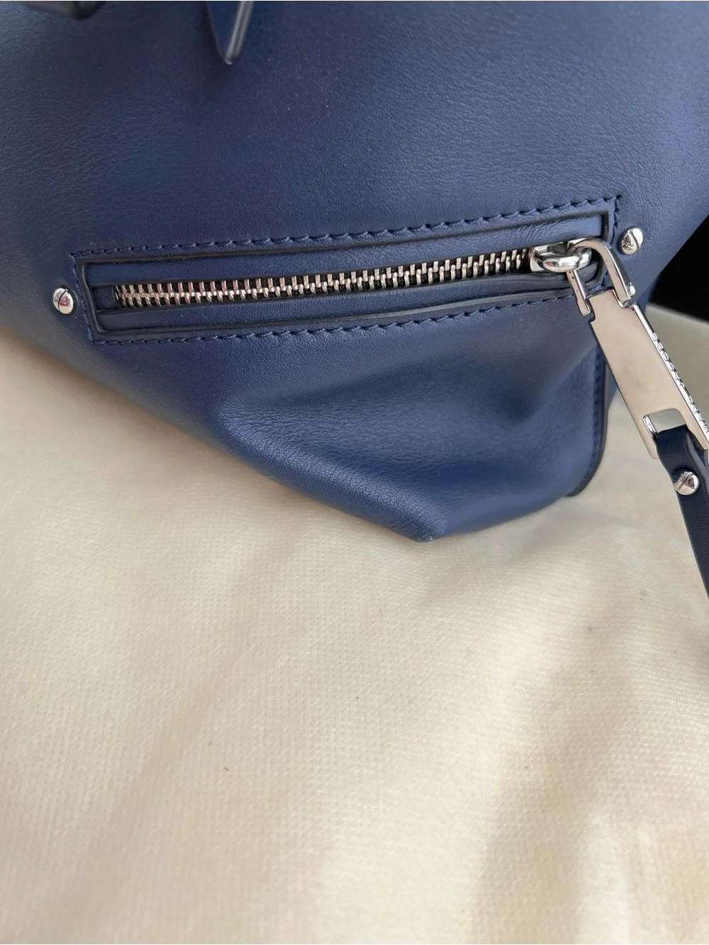 Marc Jacobs Navy Leather Drawstring Backpack with Zipper Details